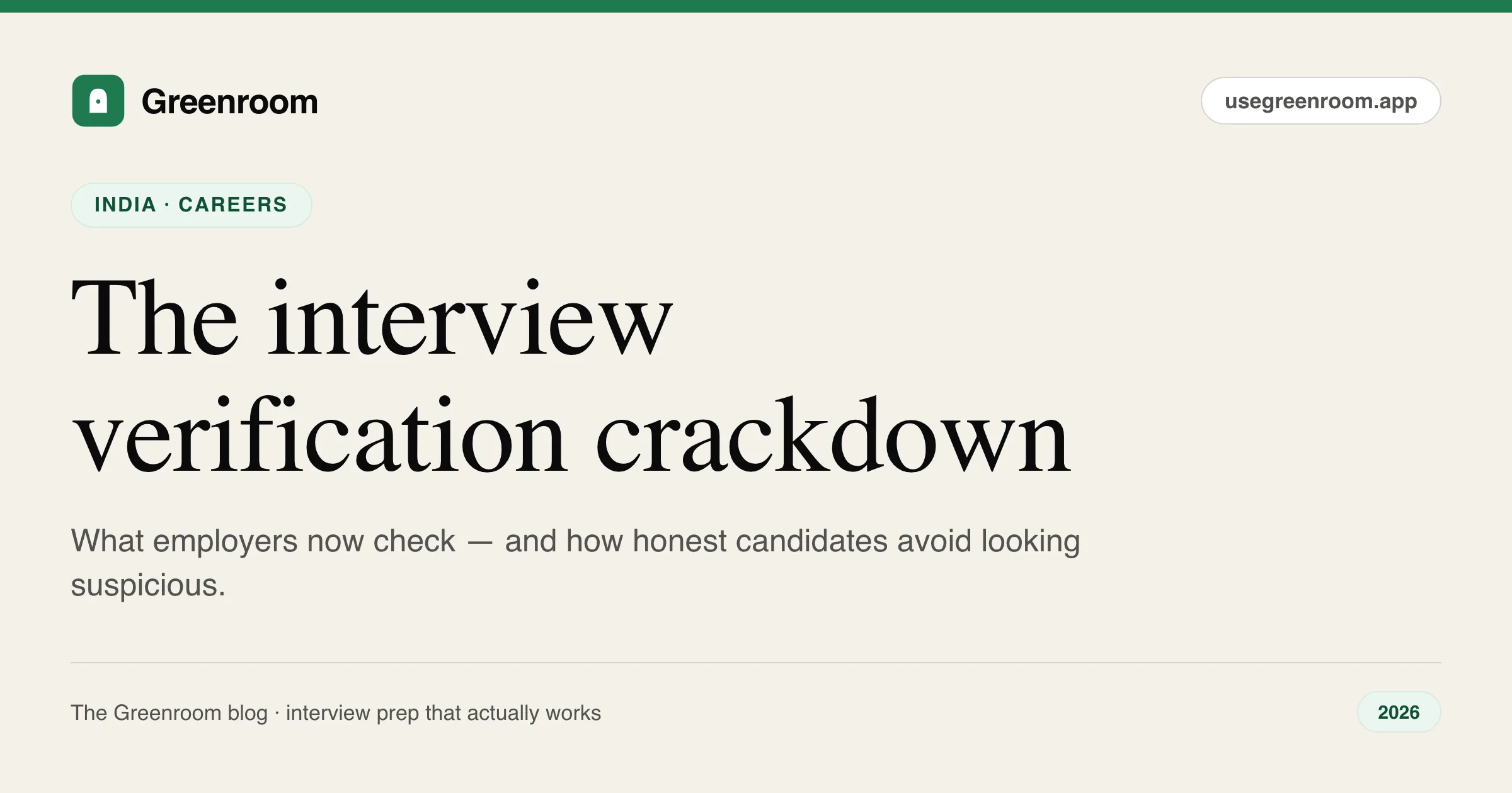 Proxy interviews and deepfake crackdown in India — candidate guide cover from Greenroom, the AI mock interviewer