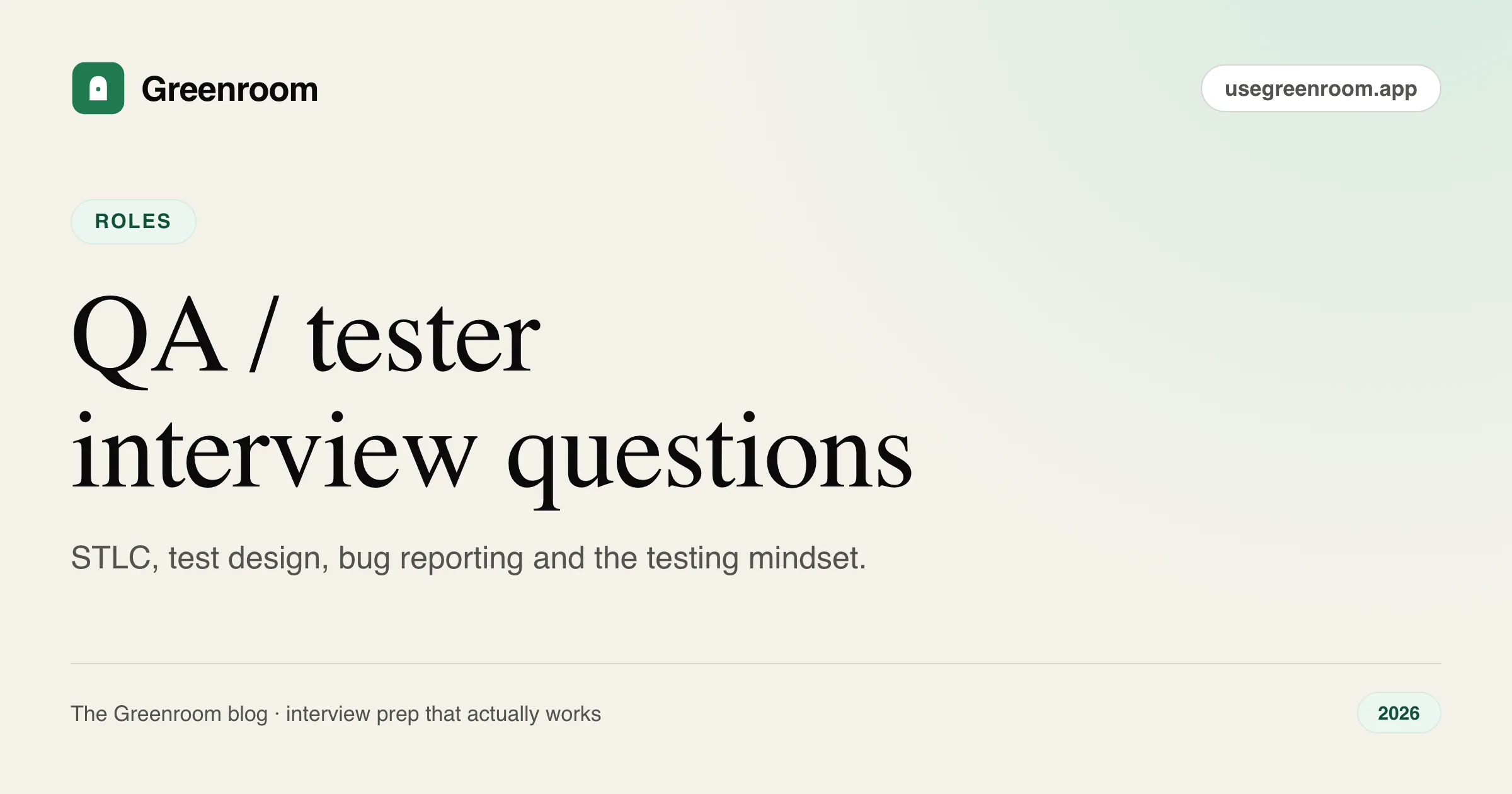 QA software tester interview questions and answers — cover from Greenroom, the AI mock interviewer
