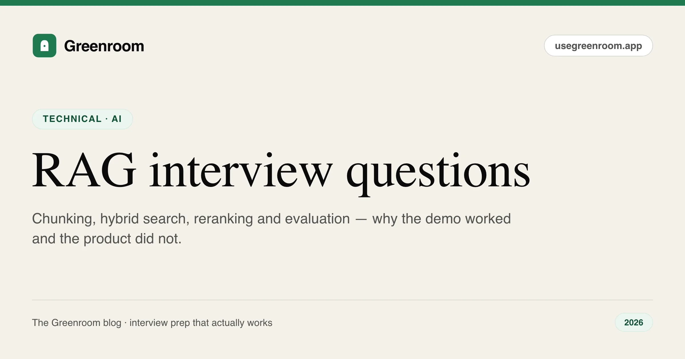 RAG interview questions and answers — retrieval augmented generation guide cover from Greenroom, the AI mock interviewer