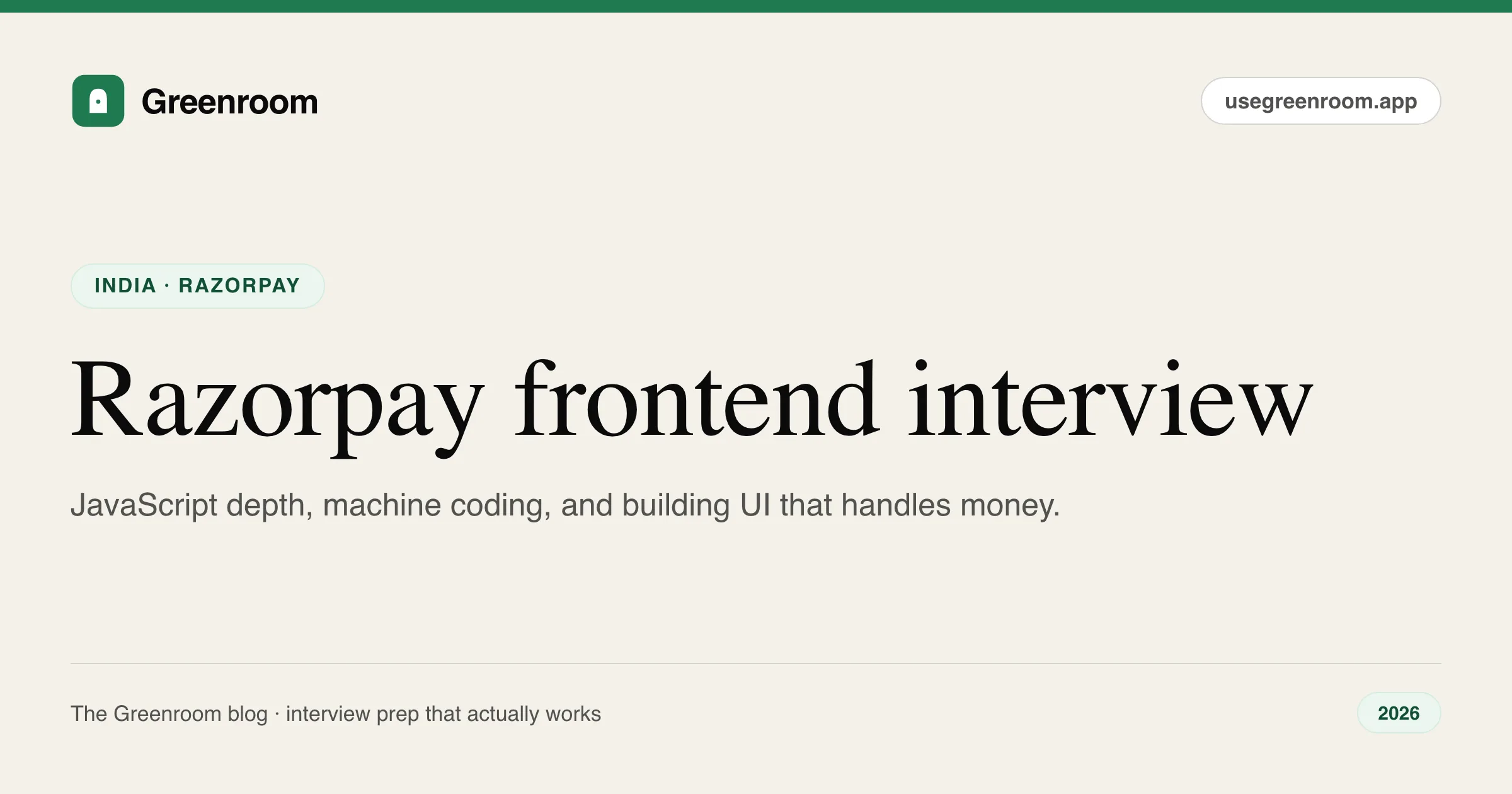 Razorpay frontend interview questions guide — cover from Greenroom, the AI mock interviewer