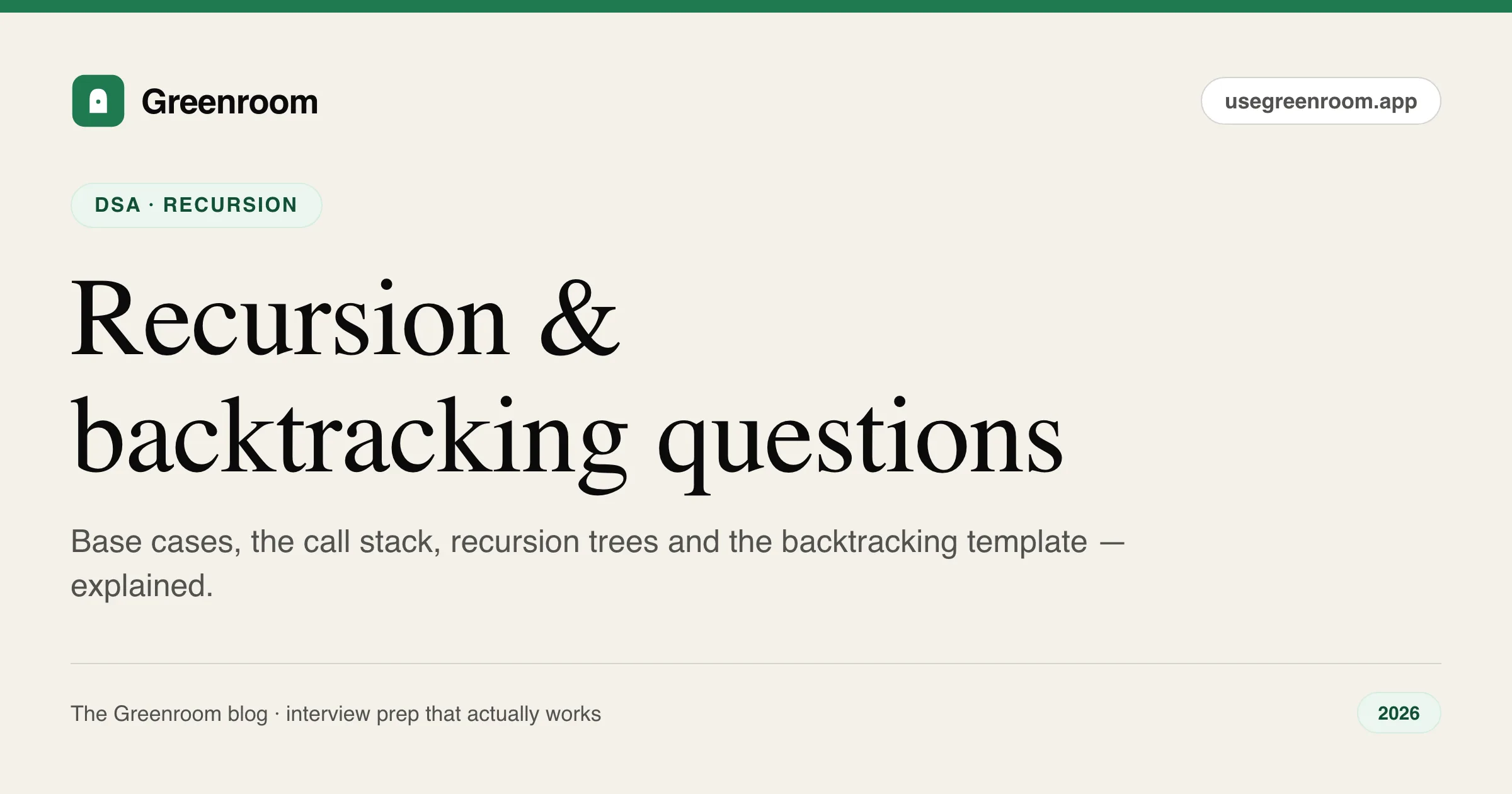 Recursion and backtracking interview questions and answers — a monotone recursion-tree diagram from Greenroom, the AI mock interviewer