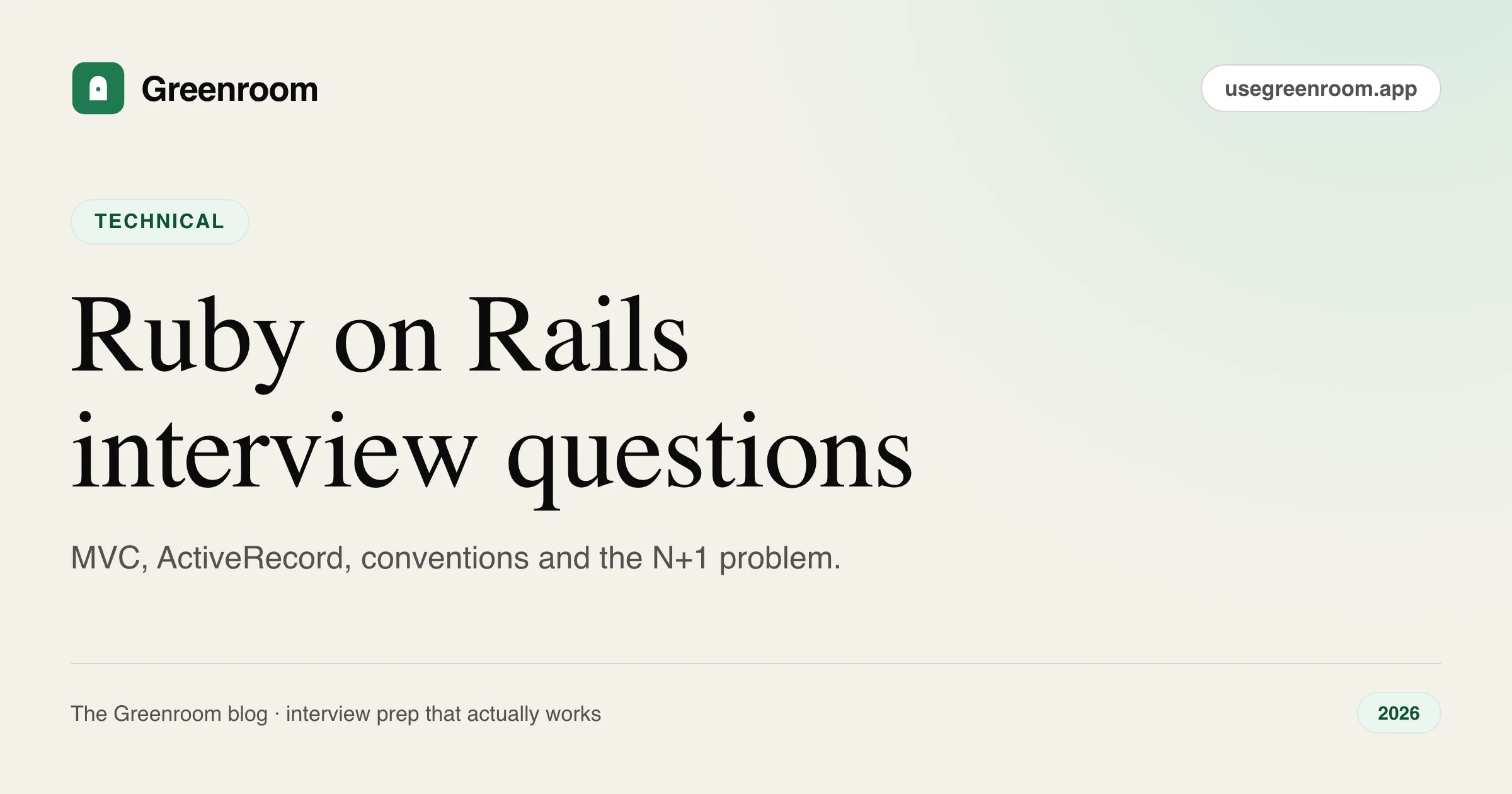 Ruby on Rails interview questions and answers — cover from Greenroom, the AI mock interviewer