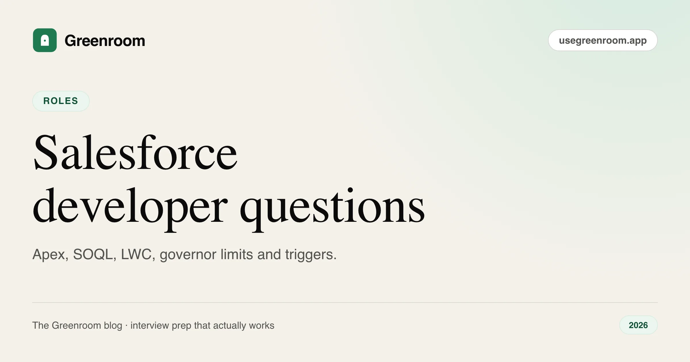 Salesforce developer interview questions and answers — cover from Greenroom, the AI mock interviewer