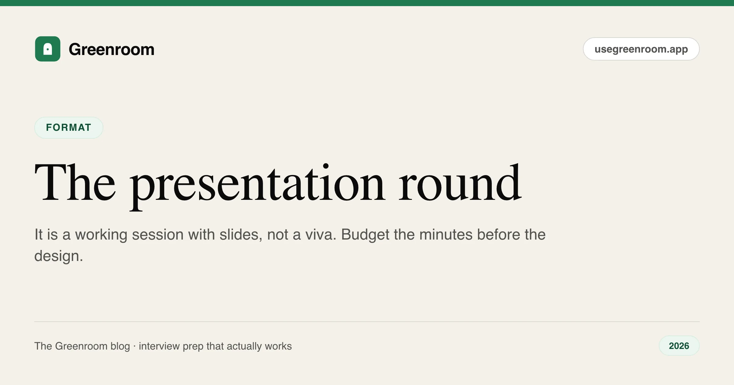 Second interview presentation examples — slide-by-slide deck structures for the presentation round, prep guide from Greenroom, the AI mock interviewer