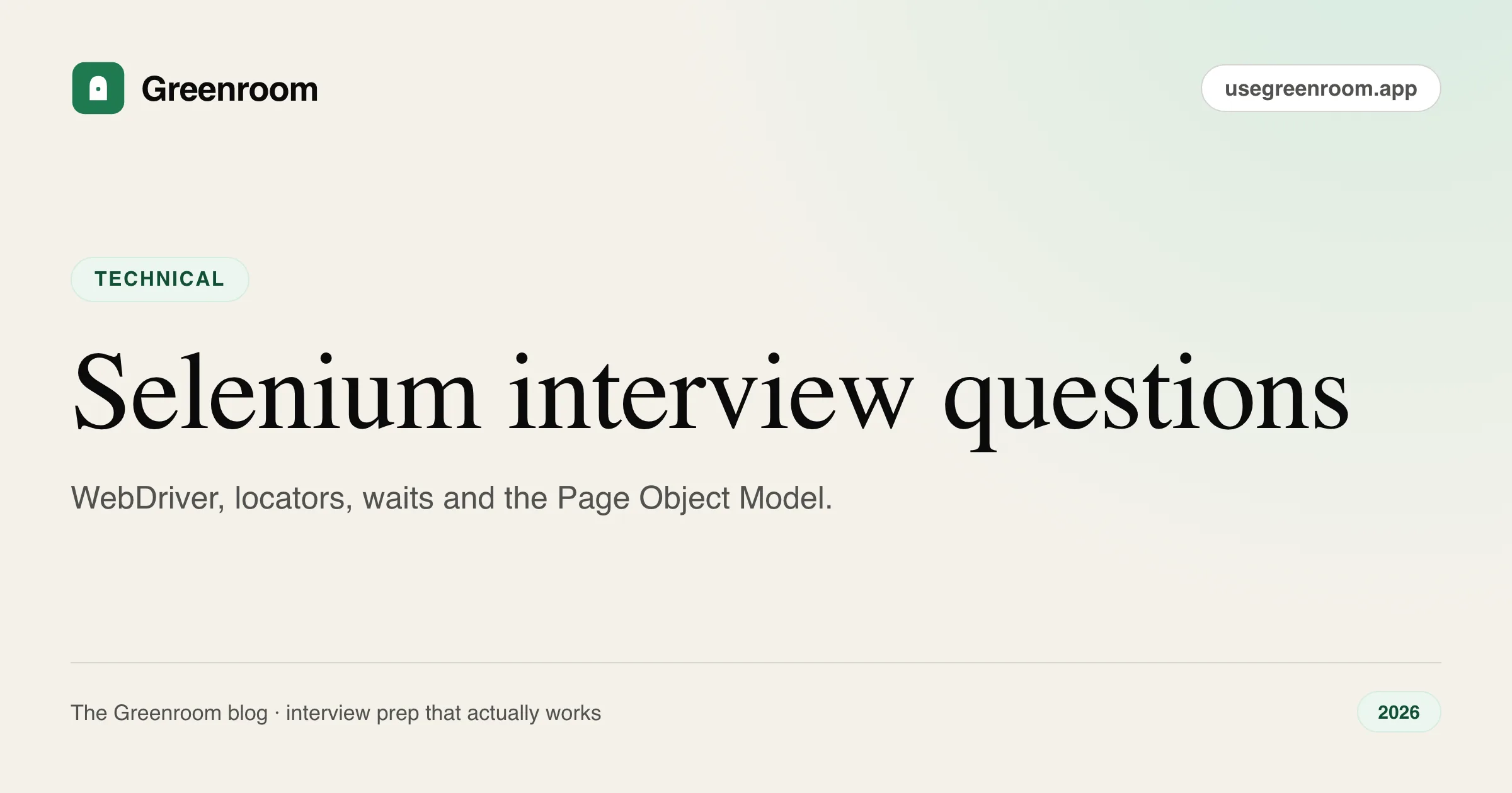 Selenium interview questions and answers — cover from Greenroom, the AI mock interviewer