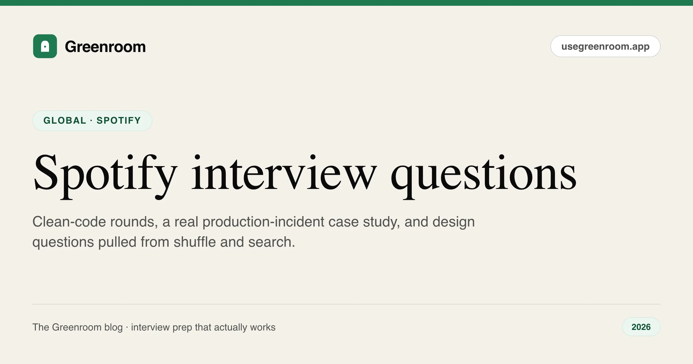 Spotify interview questions guide — cover from Greenroom, the AI mock interviewer