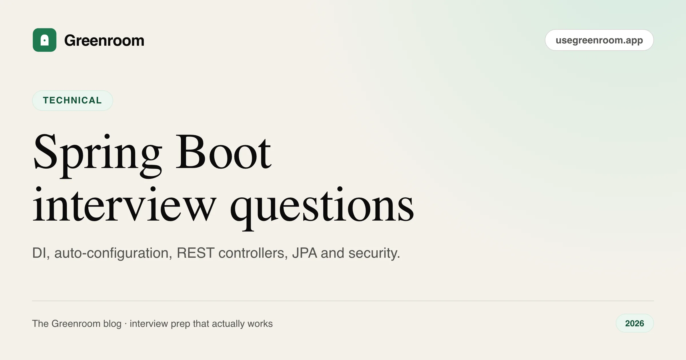Spring Boot interview questions and answers — cover from Greenroom, the AI mock interviewer