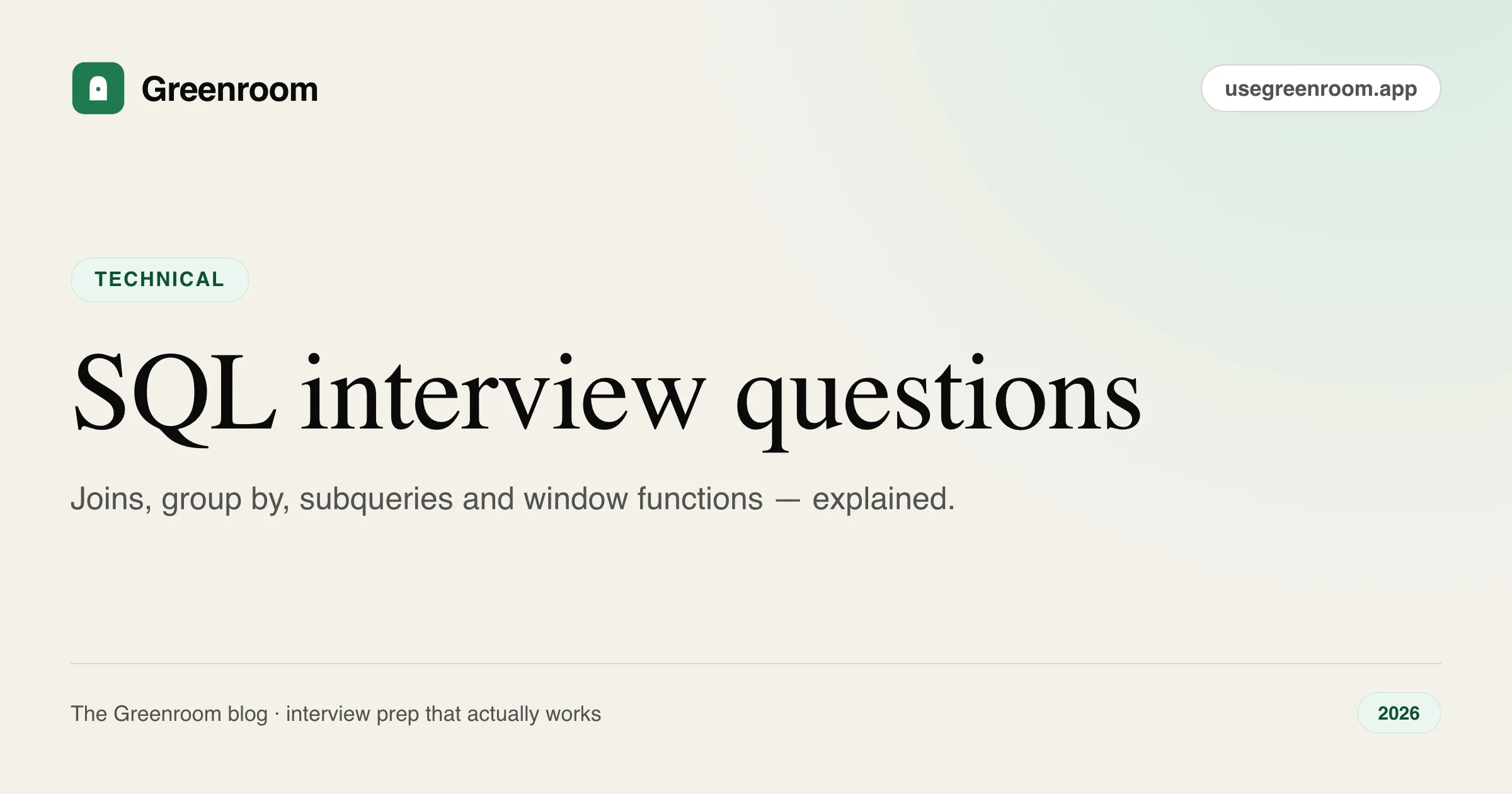 SQL interview questions and answers — cover from Greenroom, the AI mock interviewer