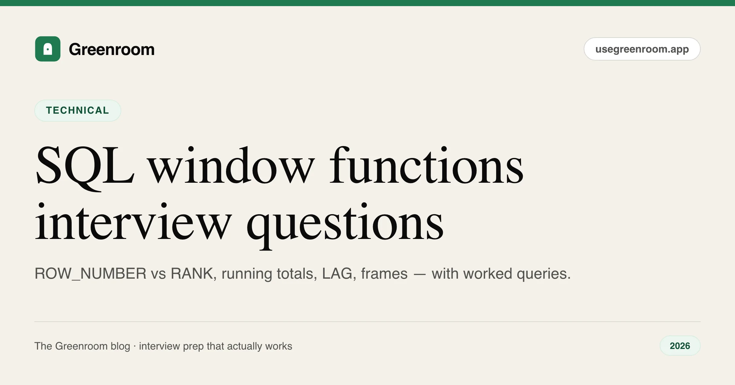 SQL window functions interview questions and answers — guide cover from Greenroom, the AI mock interviewer