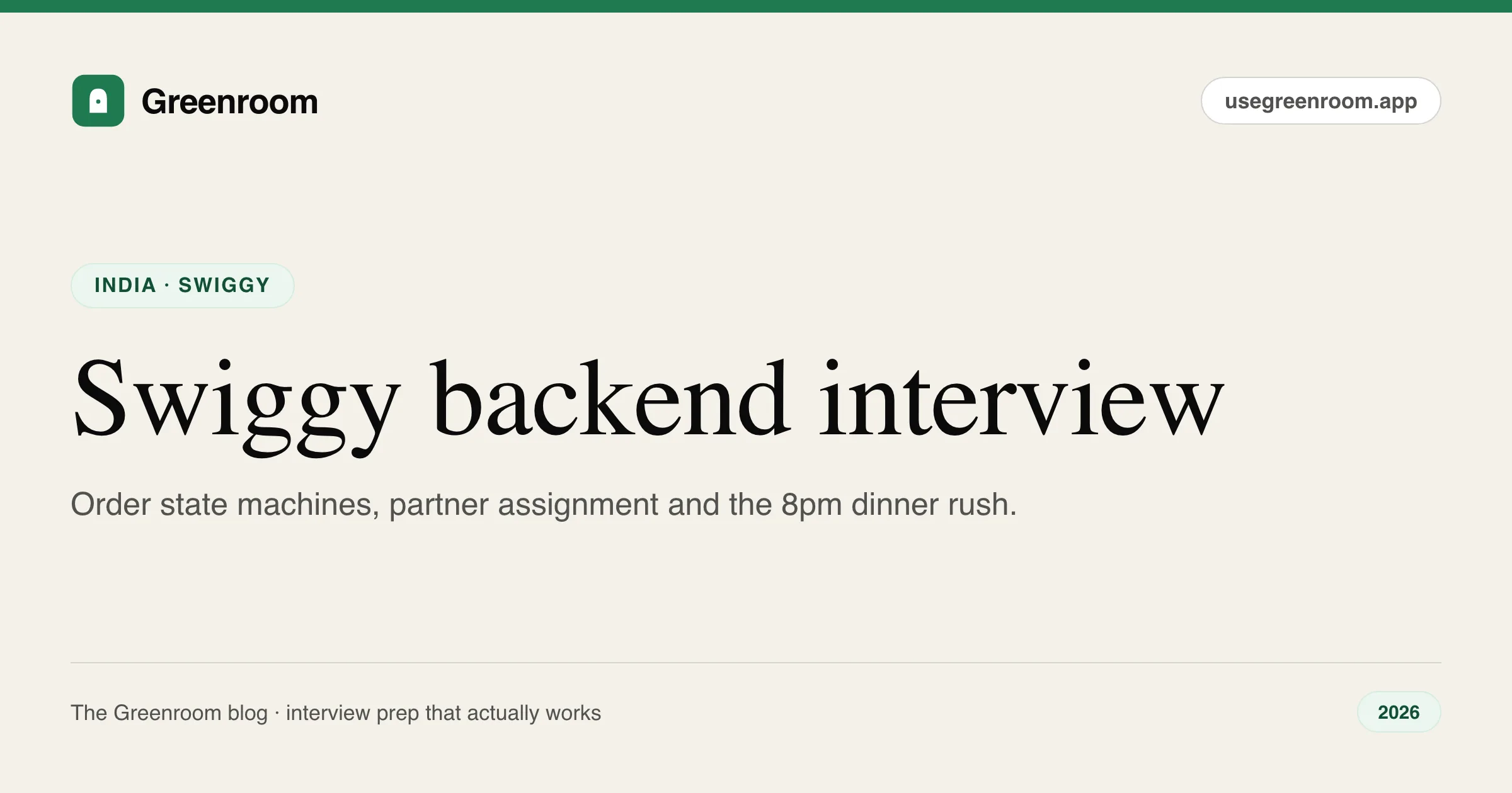 Swiggy backend interview questions guide — cover from Greenroom, the AI mock interviewer