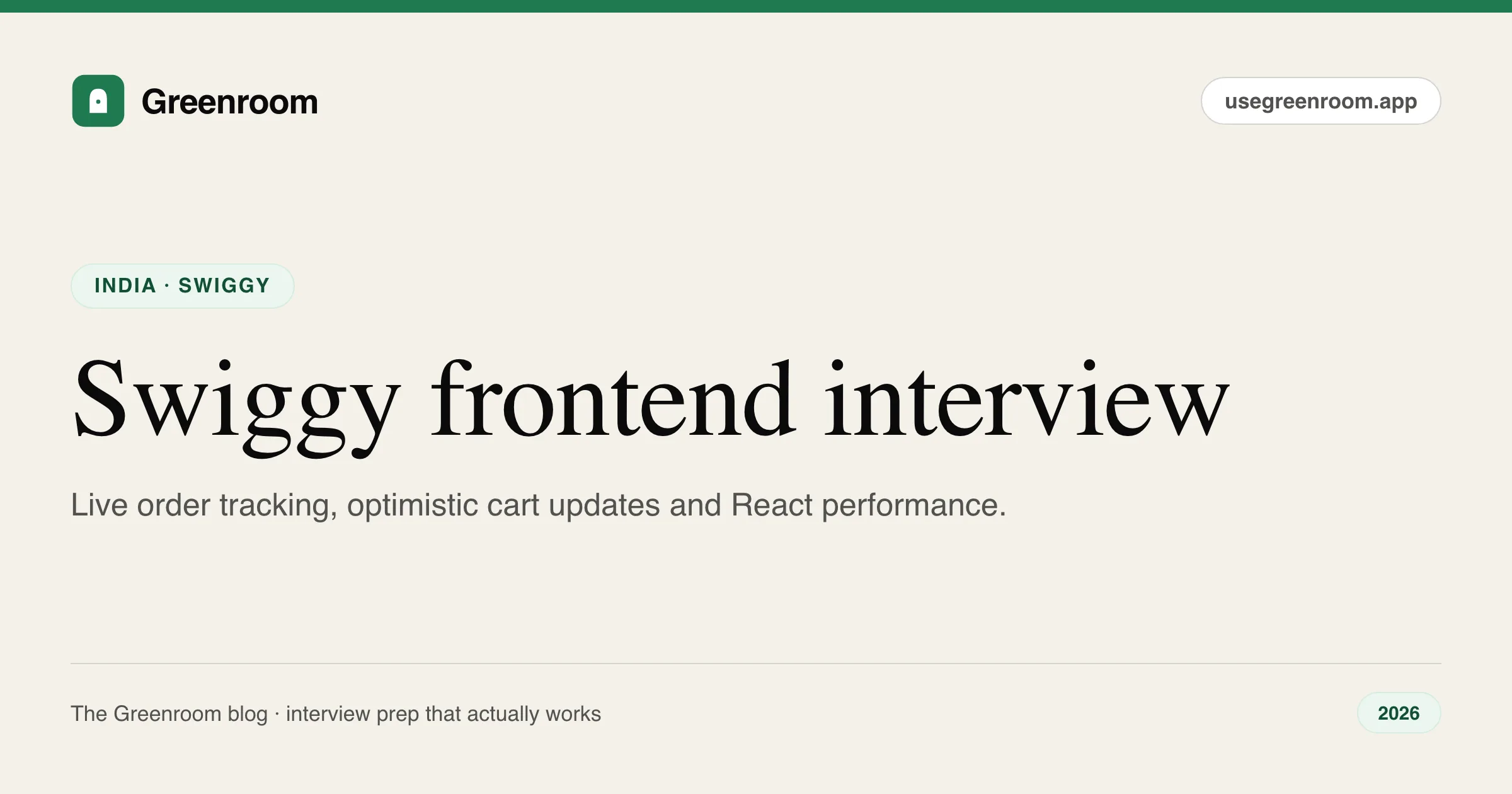Swiggy frontend interview questions guide — cover from Greenroom, the AI mock interviewer