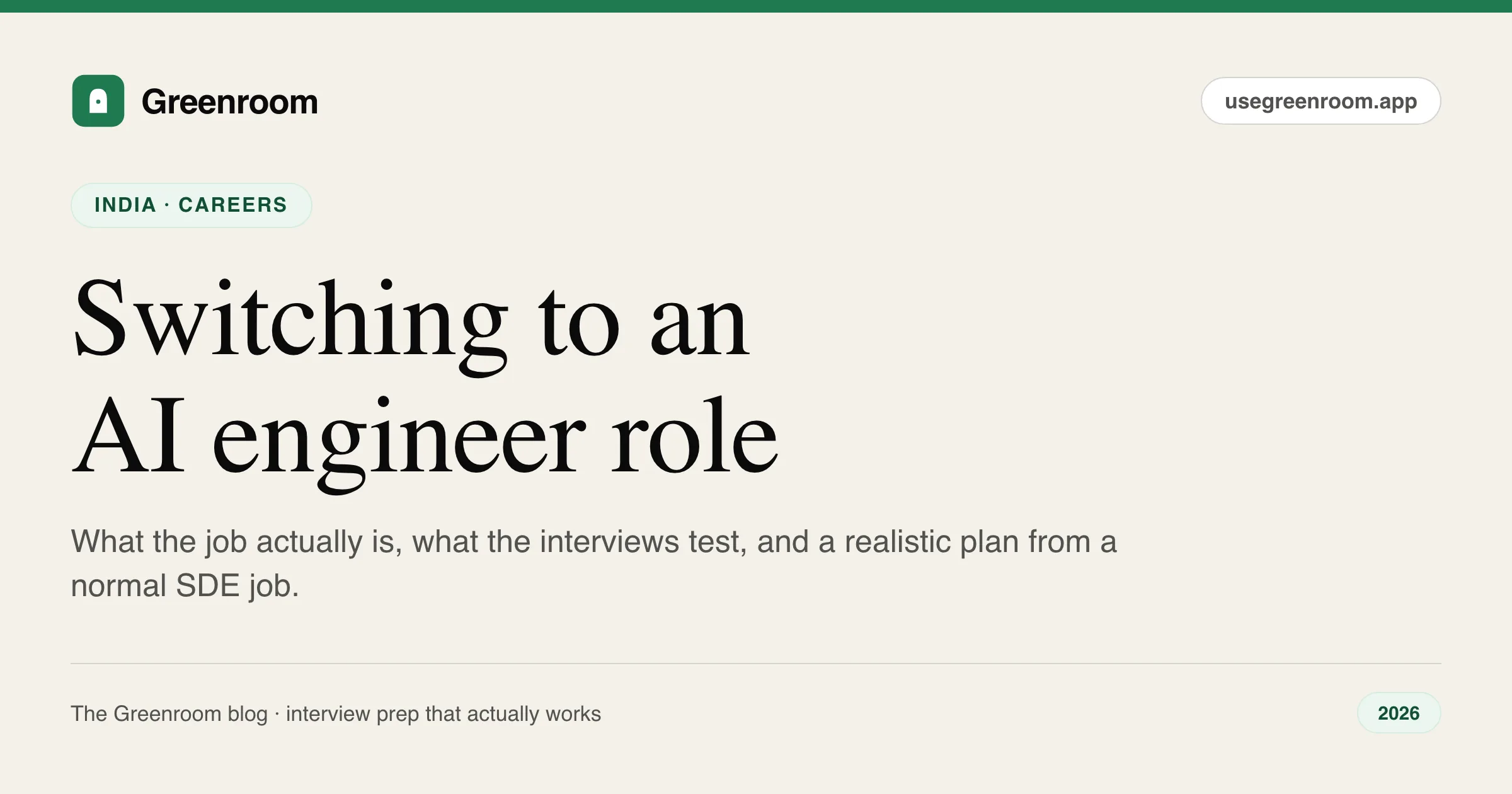 How to switch to an AI engineer role in India 2026 — career guide cover from Greenroom, the AI mock interviewer