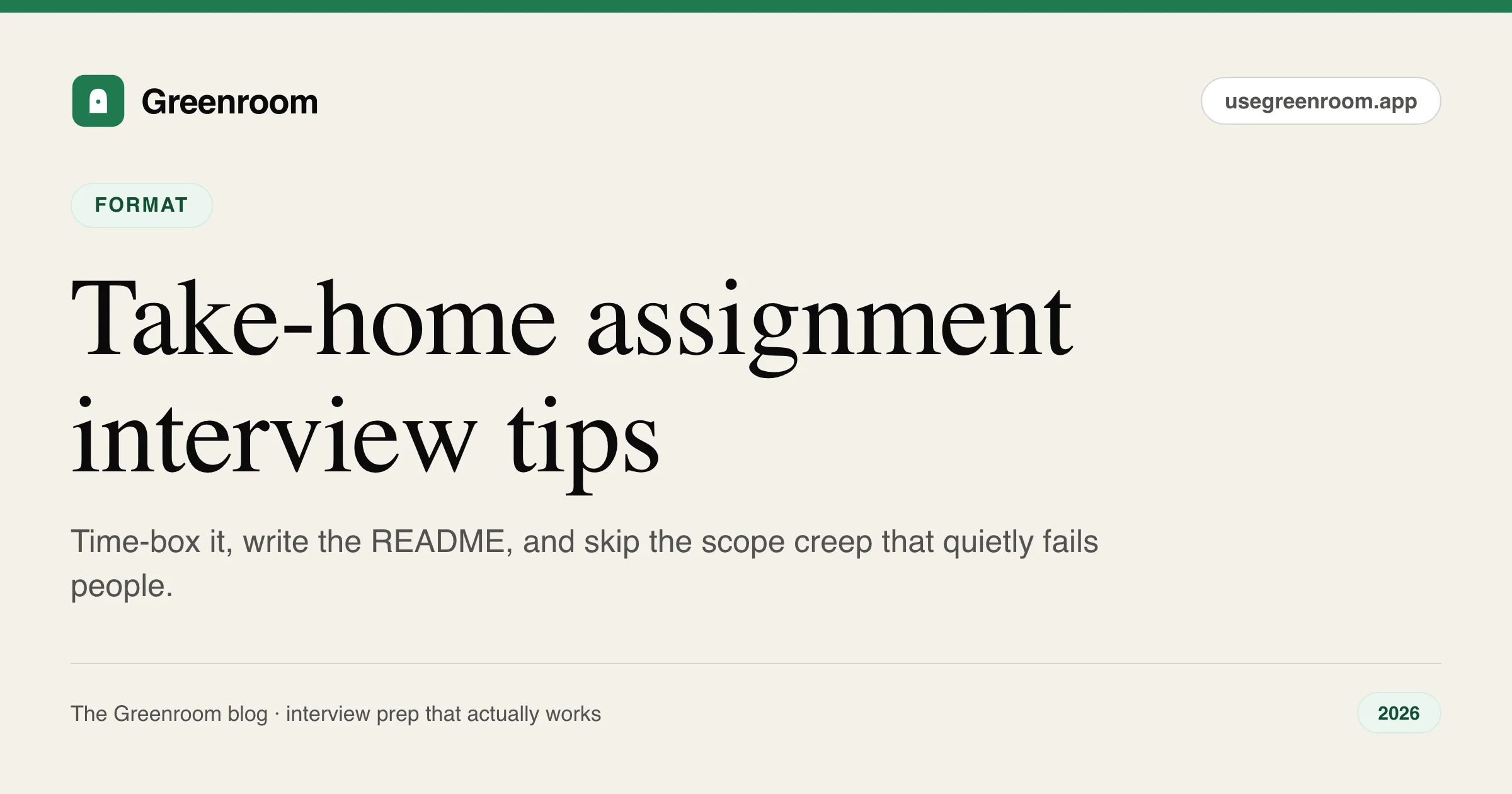 Take-home assignment interview tips — a candidate's laptop with a timer and a README, from Greenroom, the AI mock interviewer