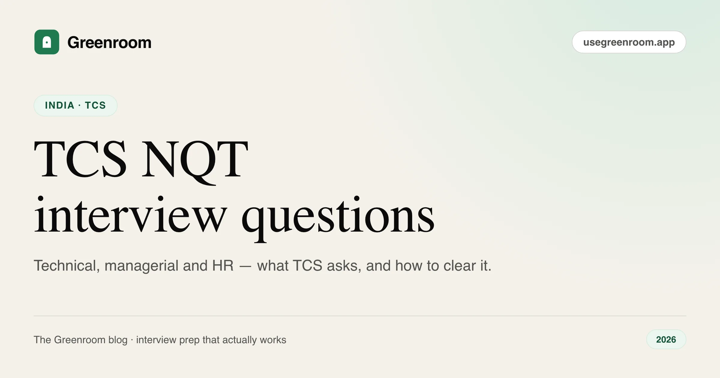 TCS NQT interview questions and preparation guide — cover from Greenroom, the AI mock interviewer
