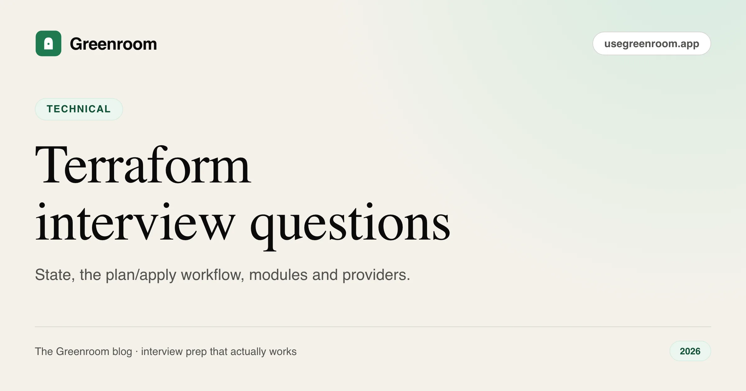 Terraform interview questions and answers — cover from Greenroom, the AI mock interviewer
