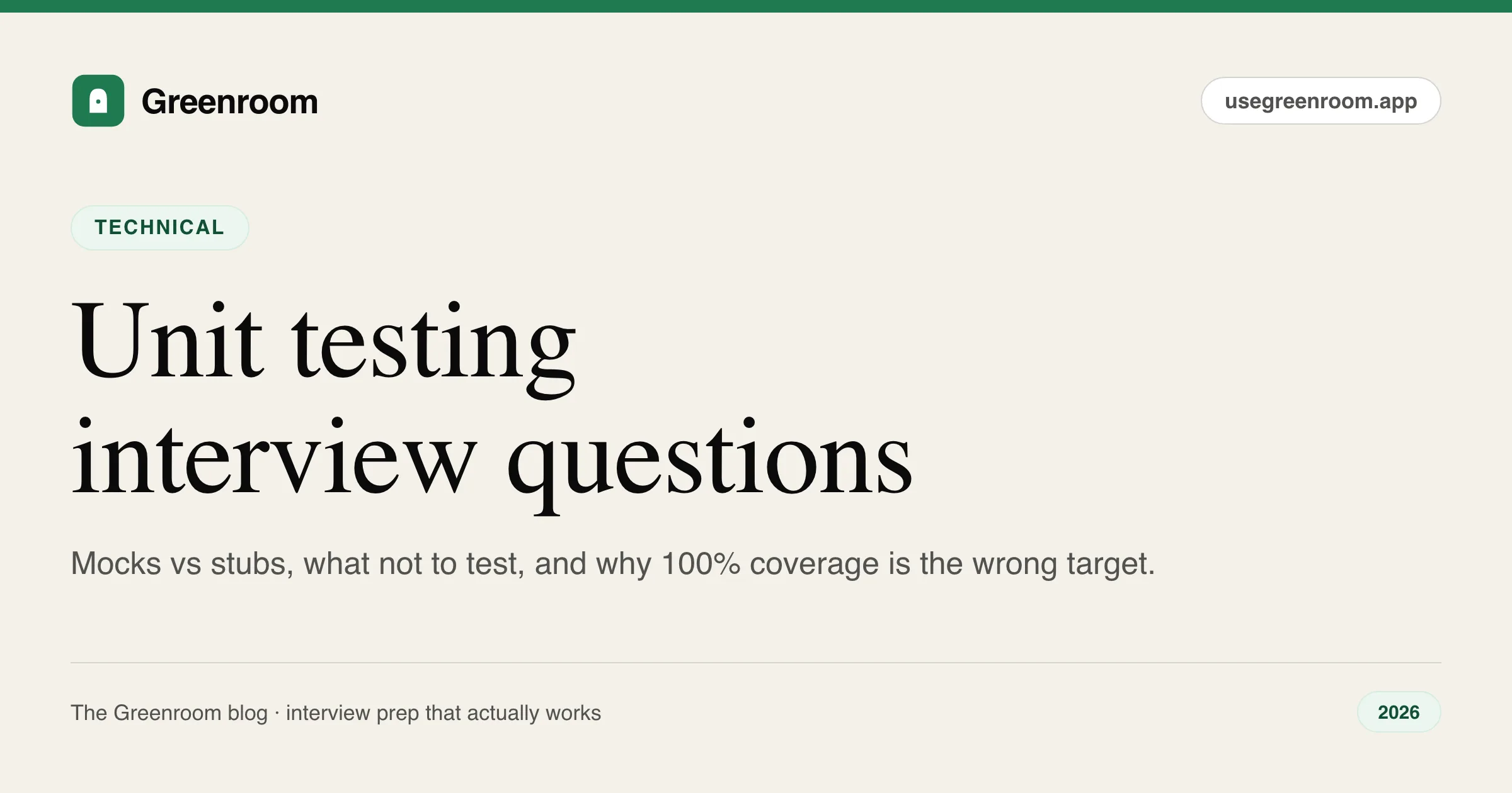Unit testing interview questions and answers — guide cover from Greenroom, the AI mock interviewer
