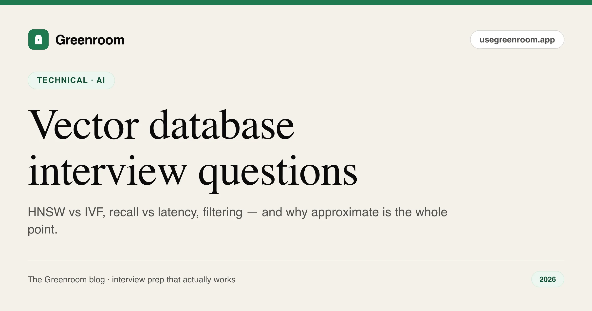 Vector database interview questions and answers — guide cover from Greenroom, the AI mock interviewer