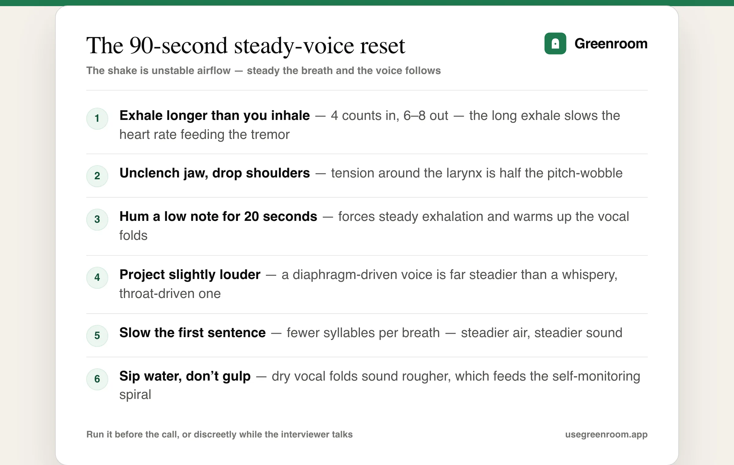 The 90-second steady-voice reset — six steps to stop your voice shaking before an interview