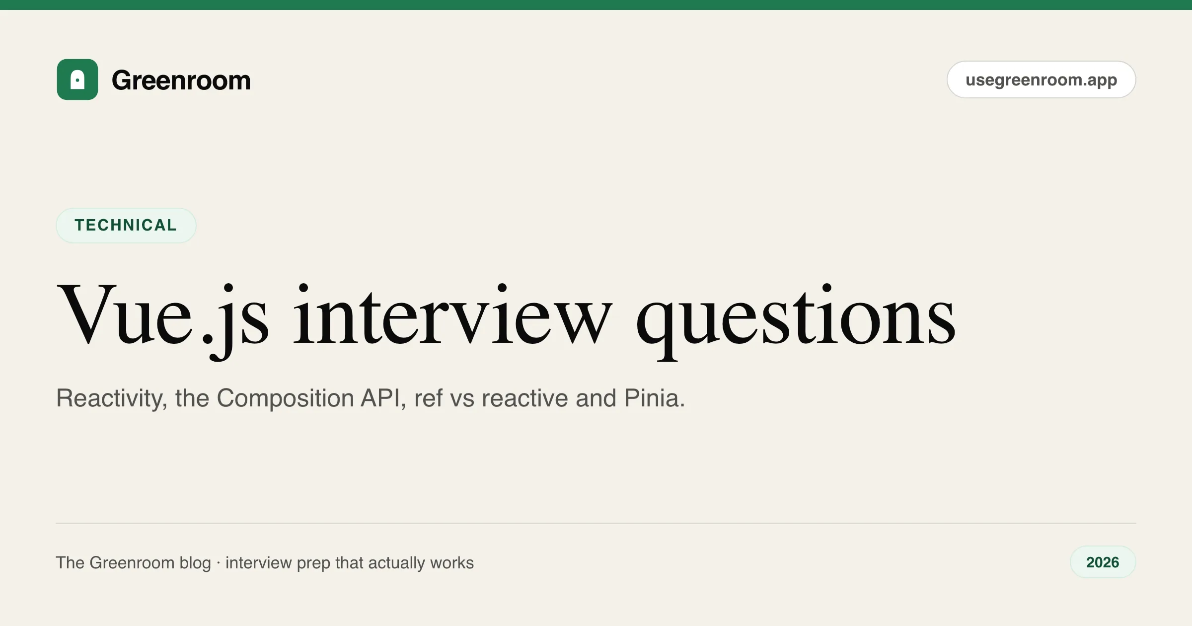 Vue.js interview questions and answers — cover from Greenroom, the AI mock interviewer