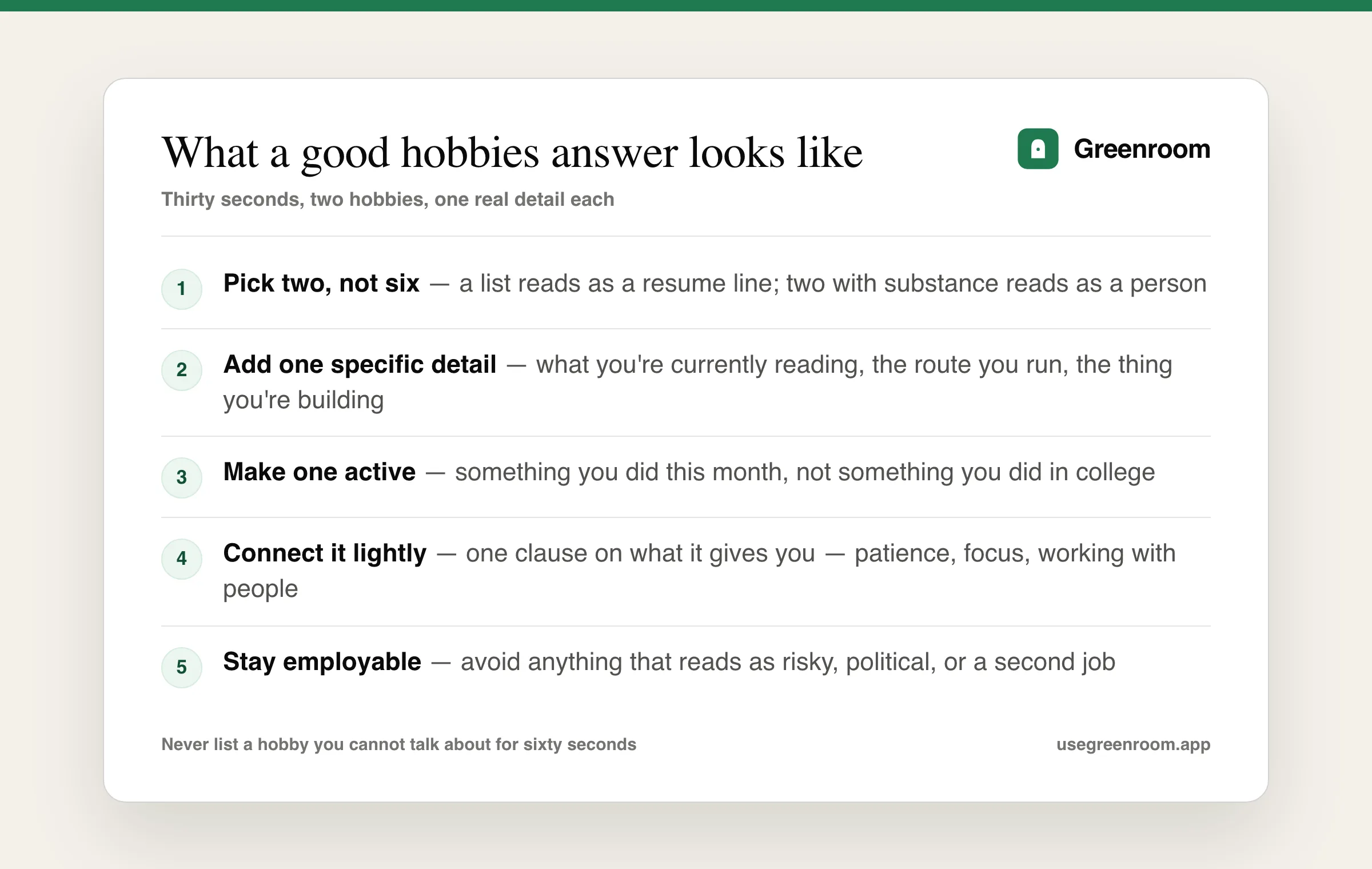 Diagram of the structure of a good hobbies answer in an interview — name one or two real hobbies, add one specific detail, and connect it lightly to how you work