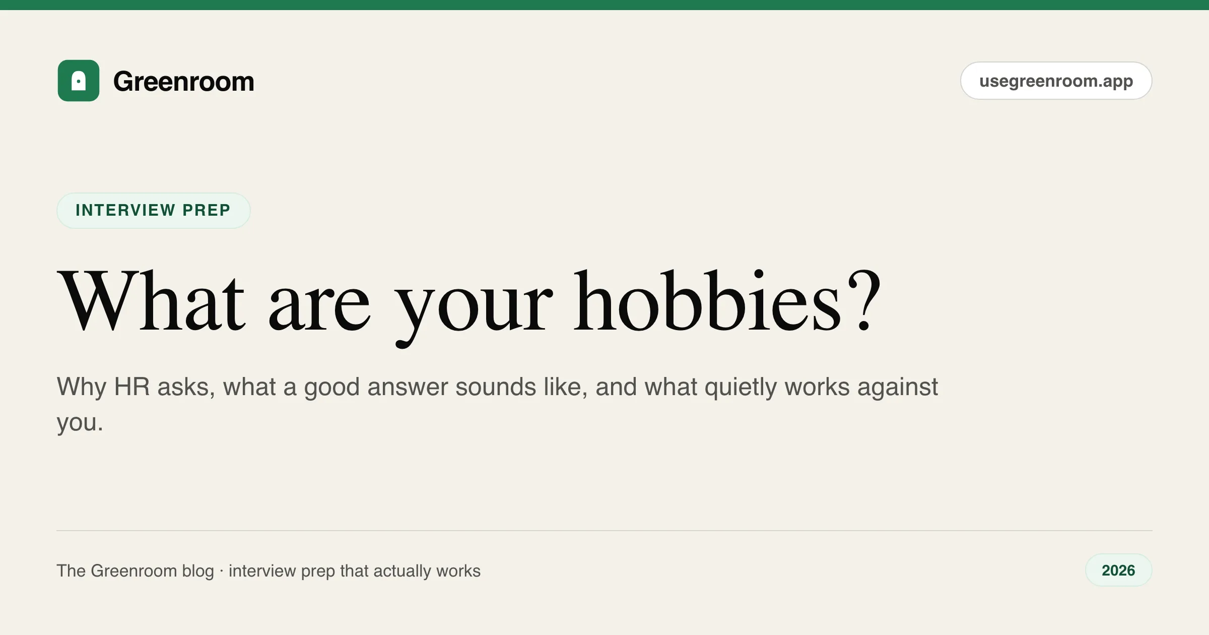 What are your hobbies interview answer examples — guide cover from Greenroom, the AI mock interviewer