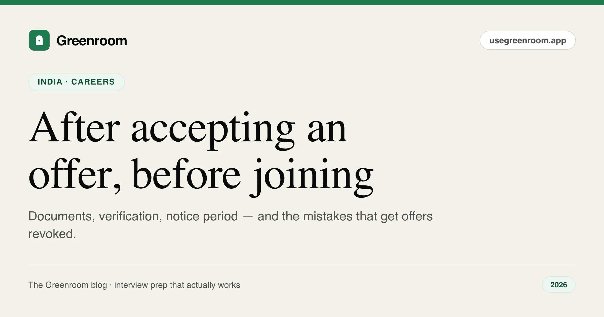 What to do after accepting a job offer before joining — India guide cover from Greenroom, the AI mock interviewer