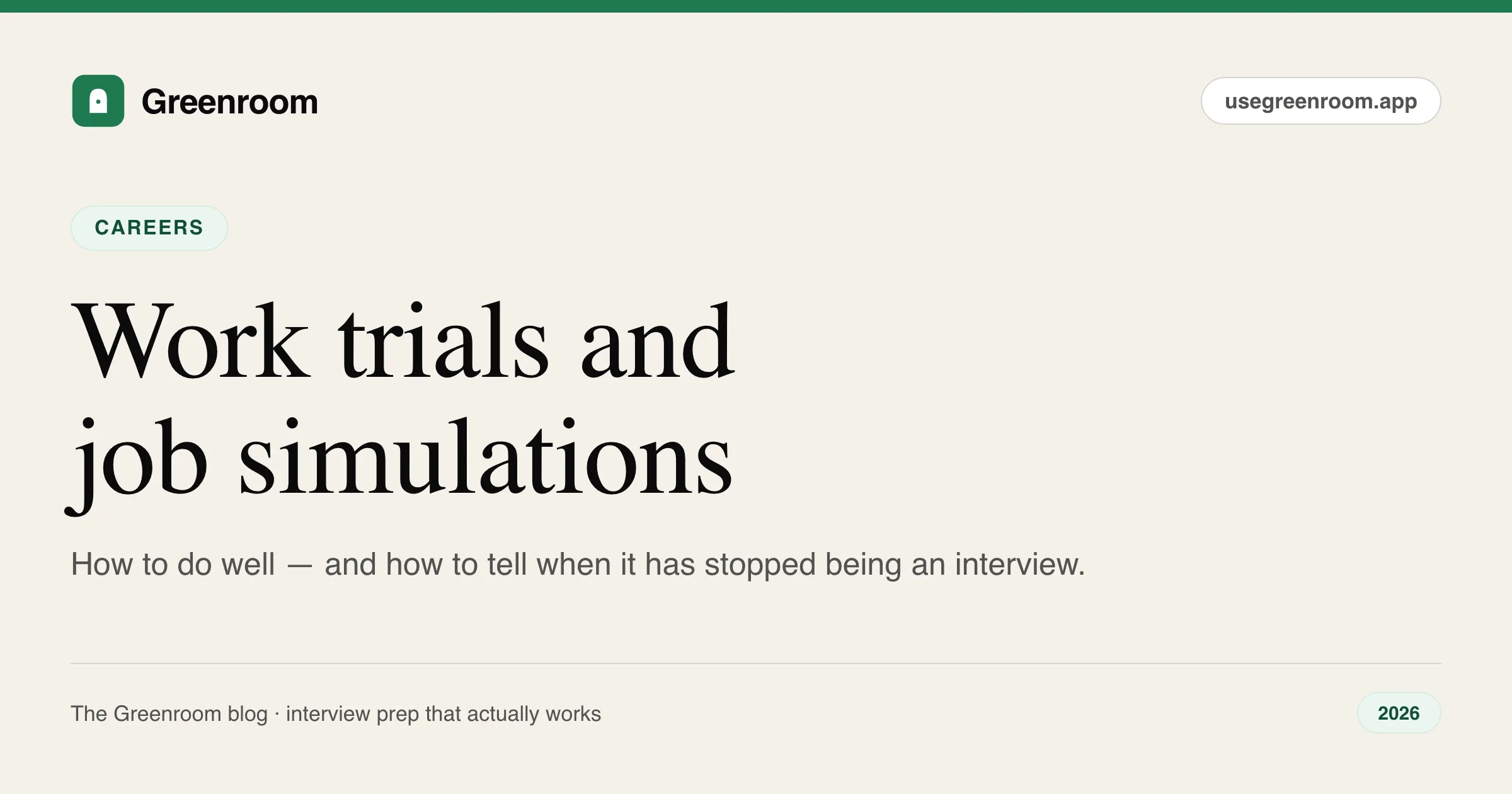 Work trials and job simulations in hiring — candidate guide cover from Greenroom, the AI mock interviewer