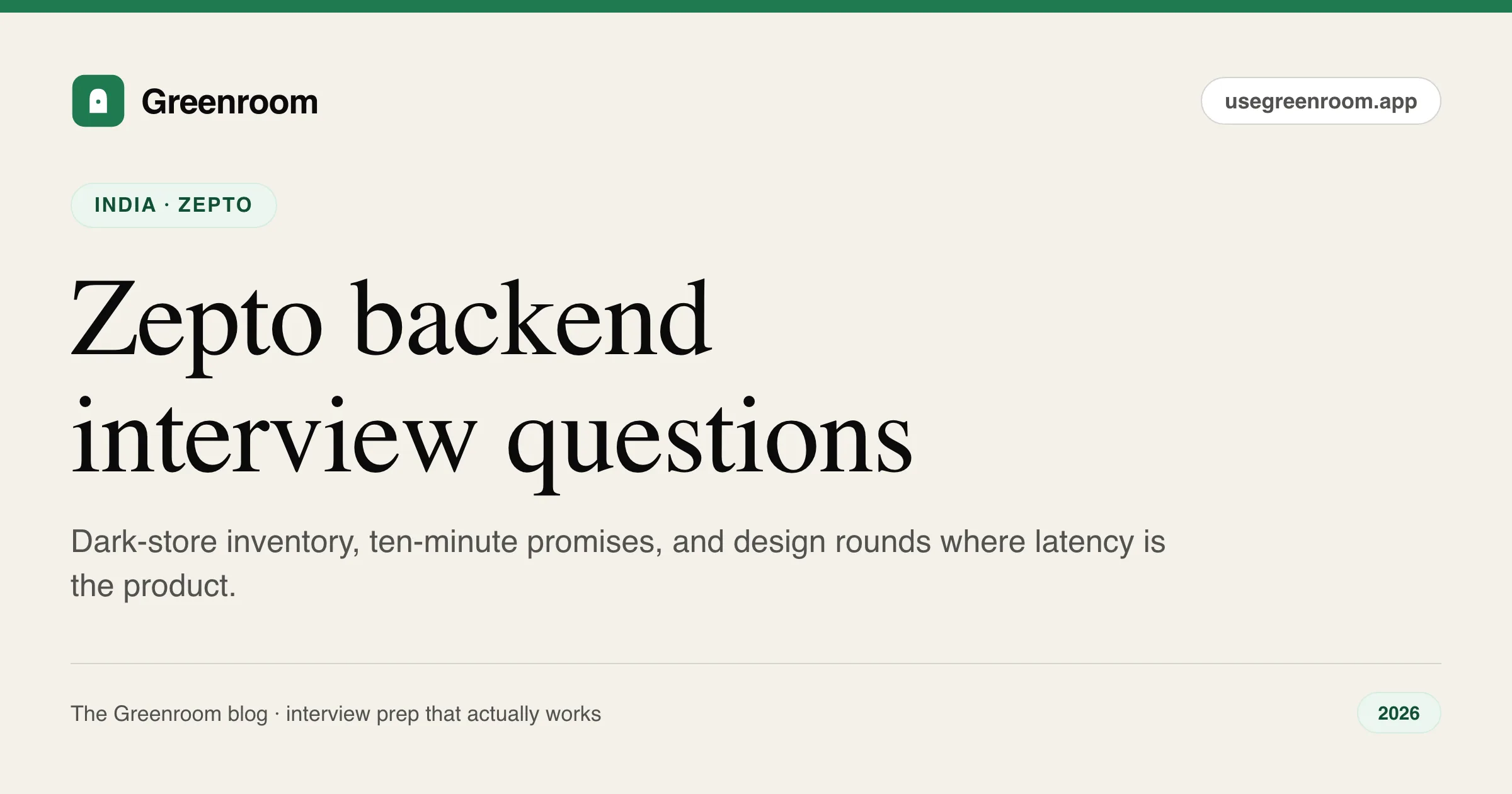 Zepto backend interview questions guide — cover from Greenroom, the AI mock interviewer