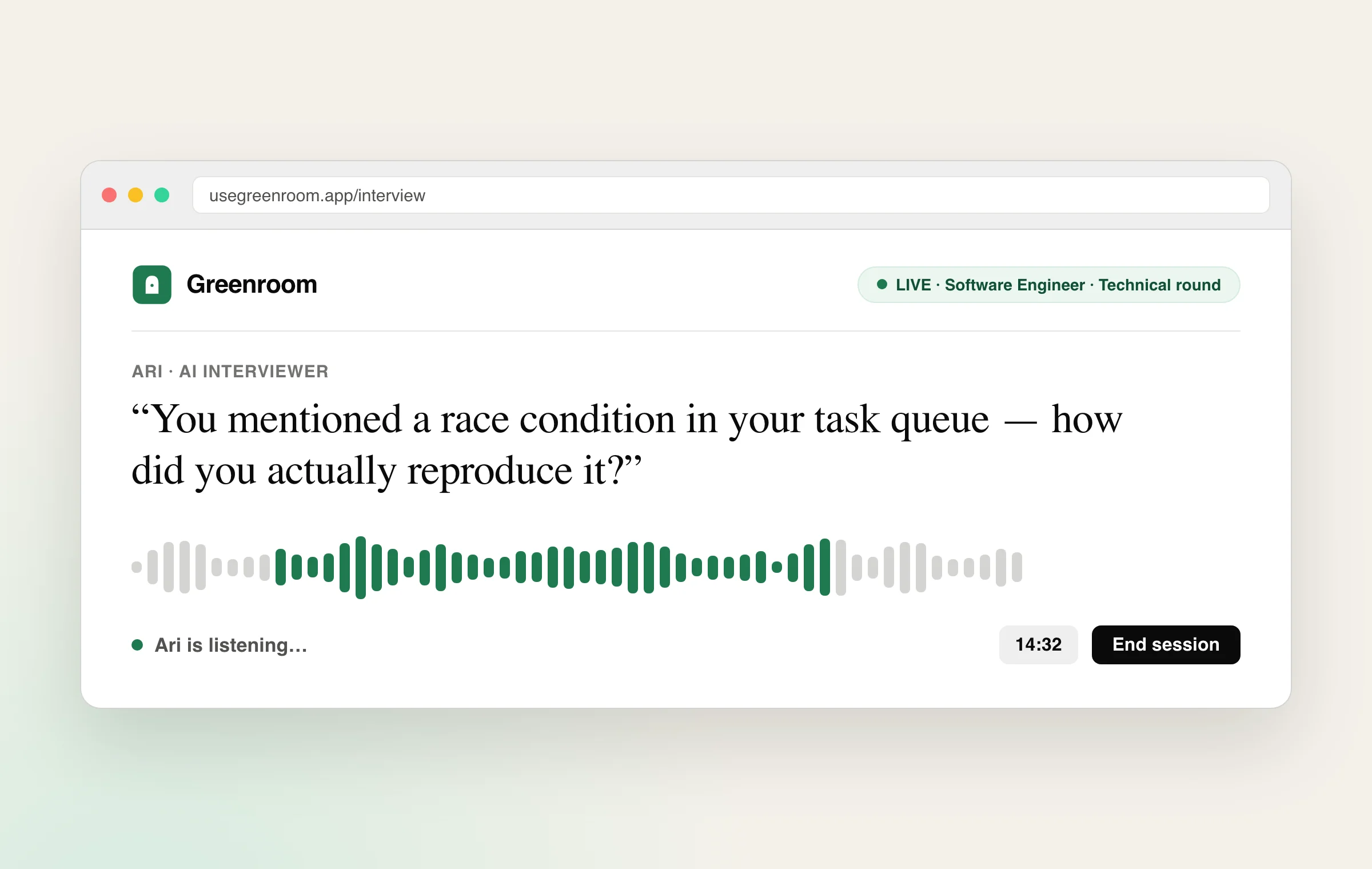 Greenroom mock interview in progress: Ari, the AI voice interviewer, asking a personalized debugging question