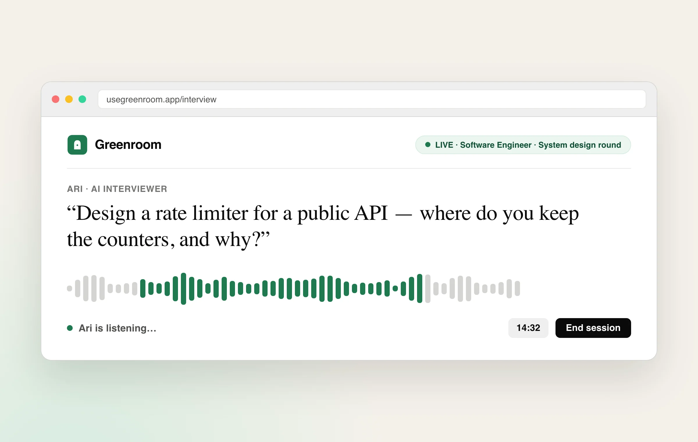 Greenroom mock interview in progress: Ari, the AI voice interviewer, asking a personalized system design question