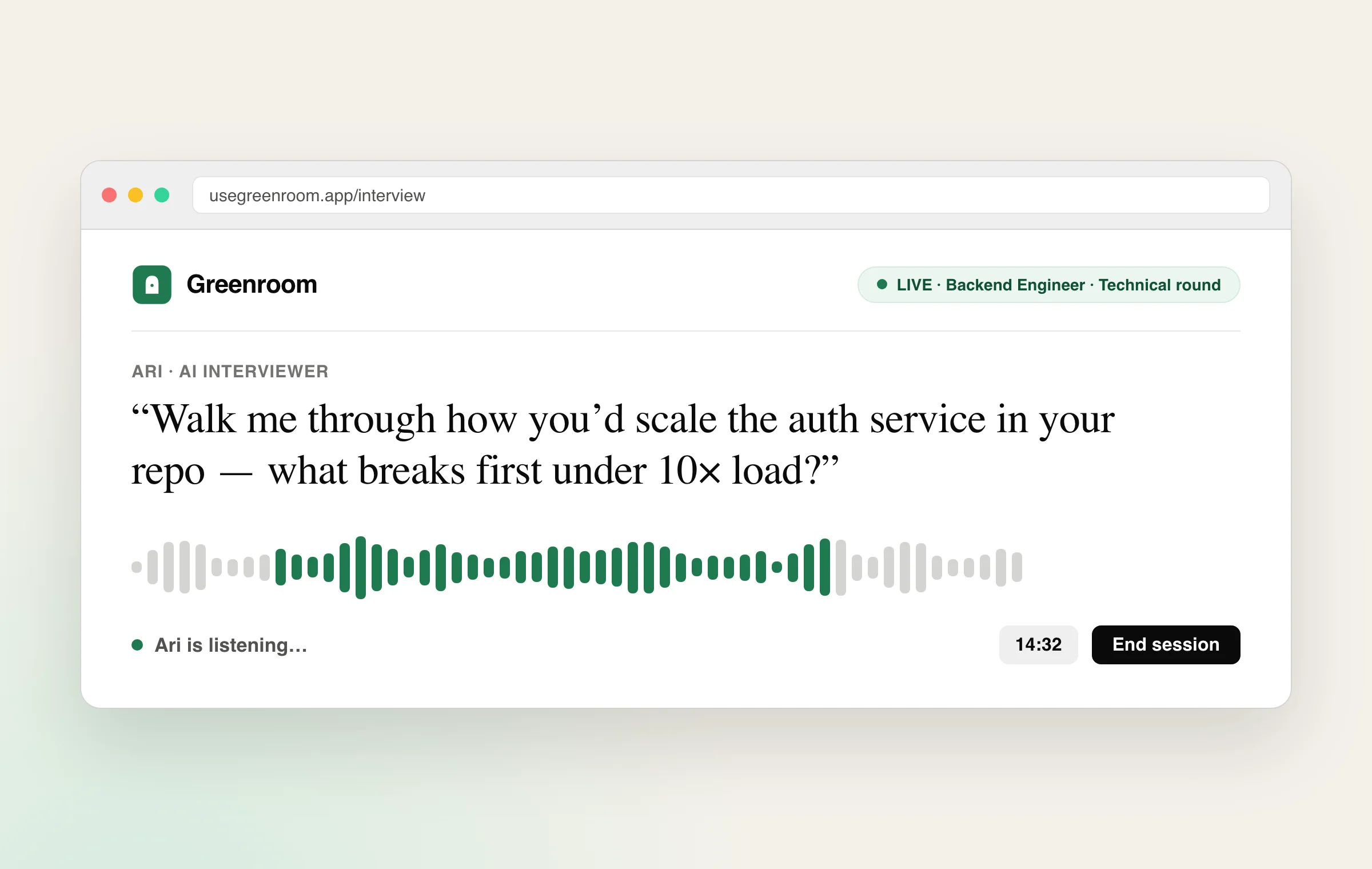 Greenroom mock interview in progress: Ari, the AI voice interviewer, asking a personalized backend scaling question
