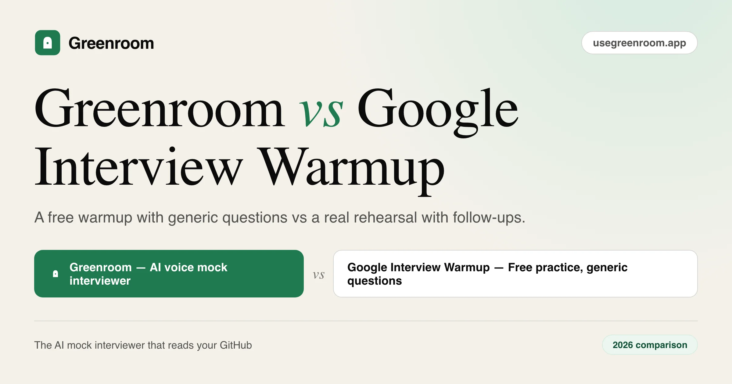 Greenroom vs Google Interview Warmup — 2026 comparison from Greenroom, the AI voice mock interviewer that reads your GitHub