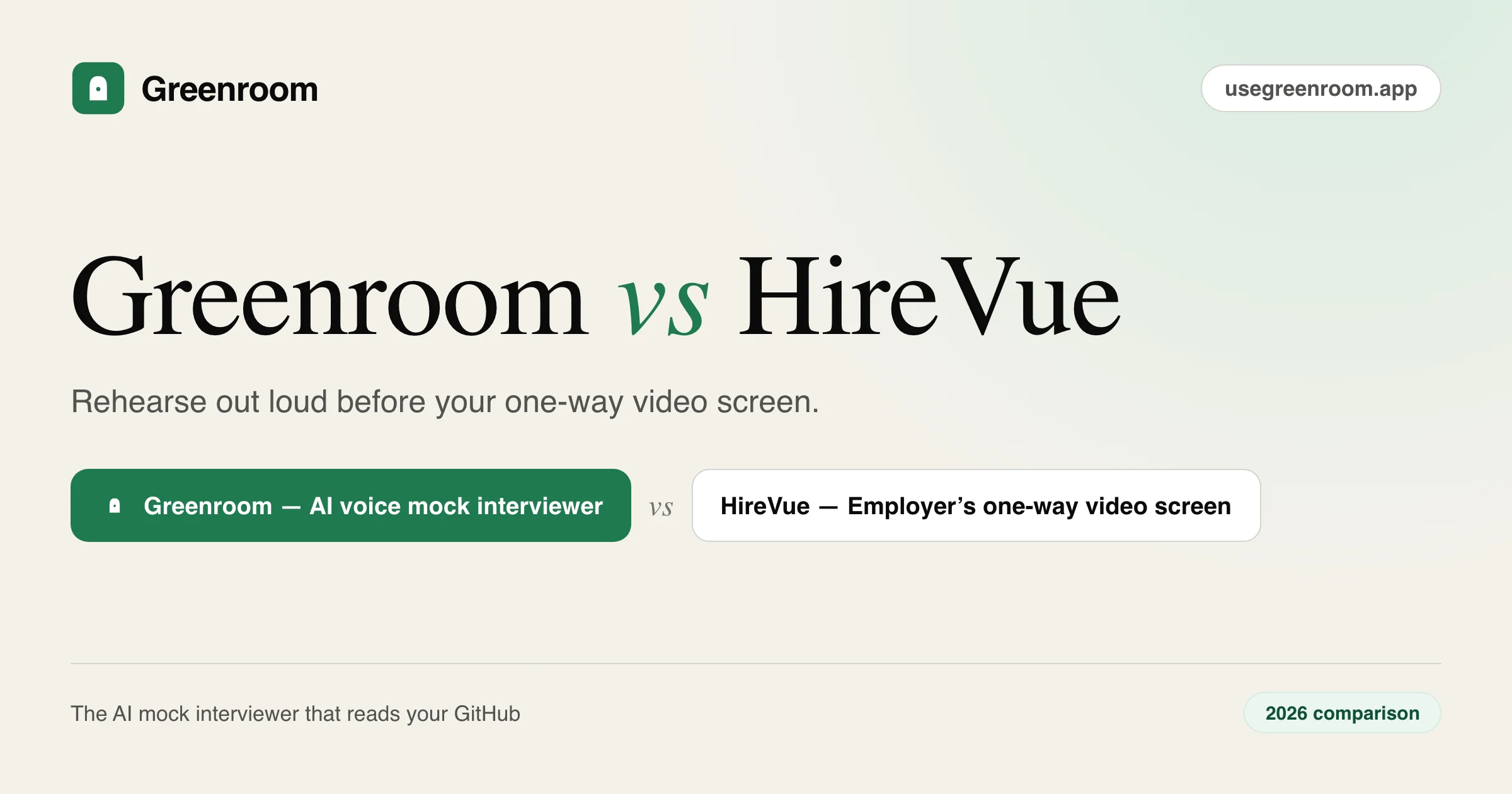 Greenroom vs HireVue — 2026 comparison from Greenroom, the AI voice mock interviewer that reads your GitHub