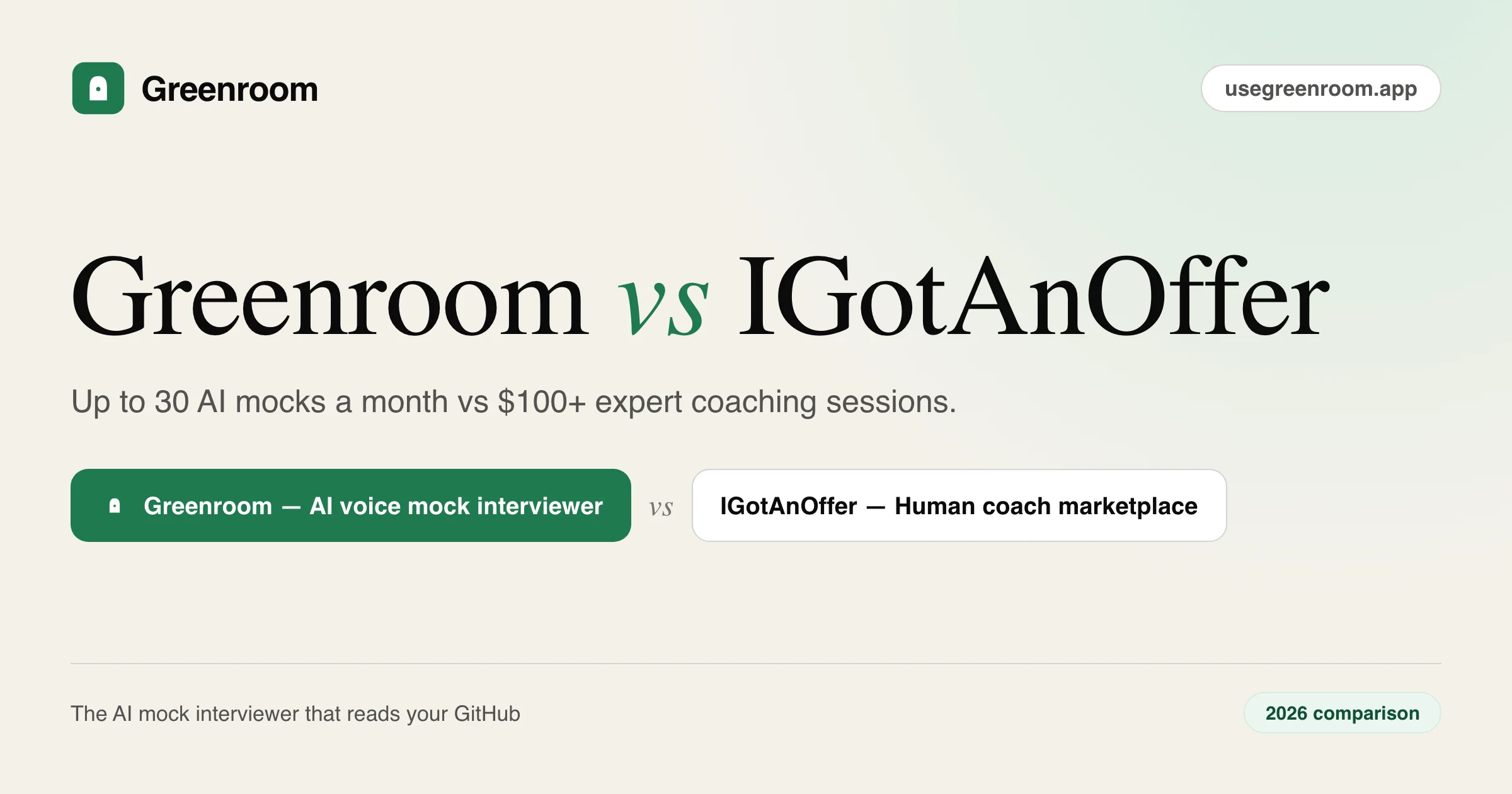 Greenroom vs IGotAnOffer — 2026 comparison from Greenroom, the AI voice mock interviewer that reads your GitHub