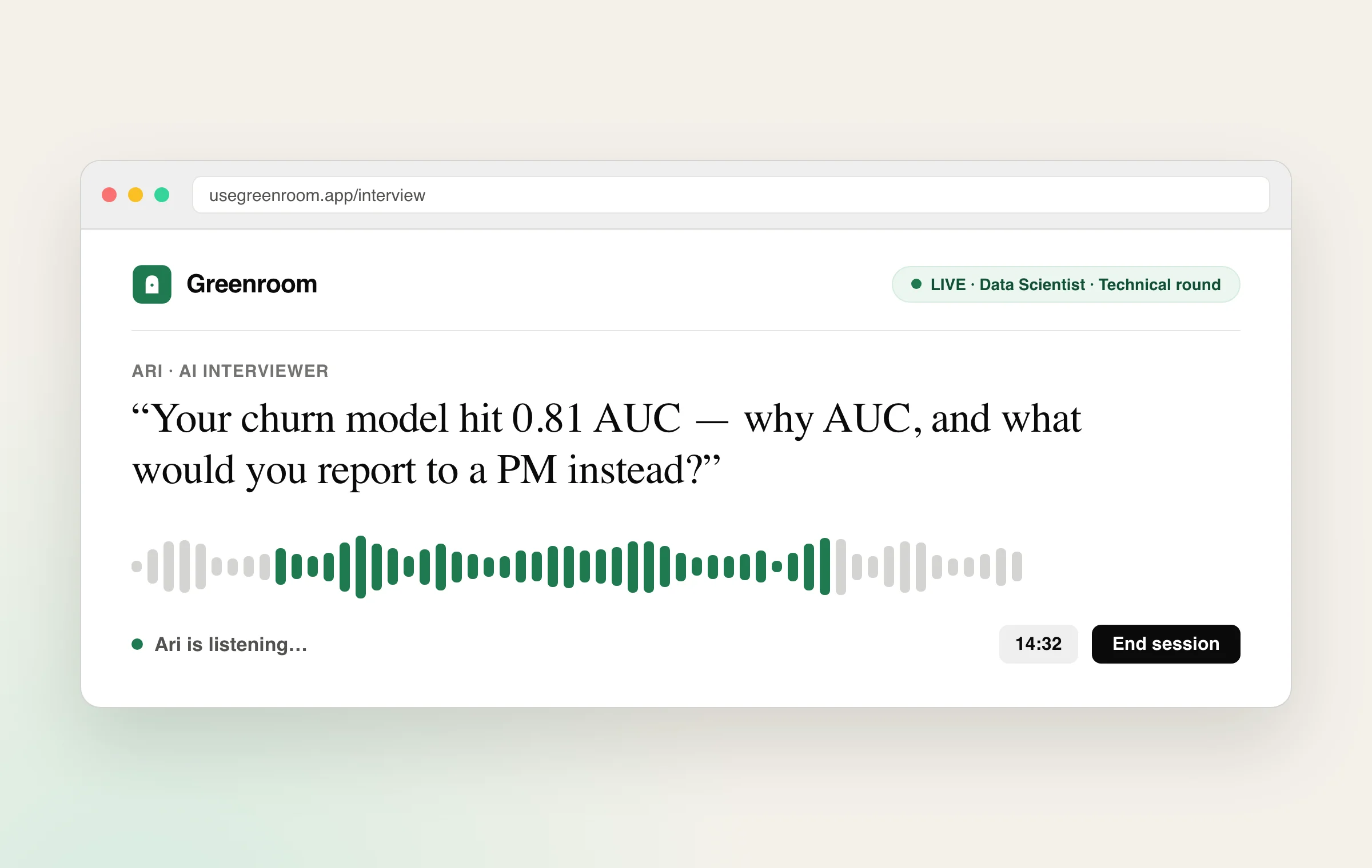 Greenroom mock interview in progress: Ari, the AI voice interviewer, asking a personalized data science question