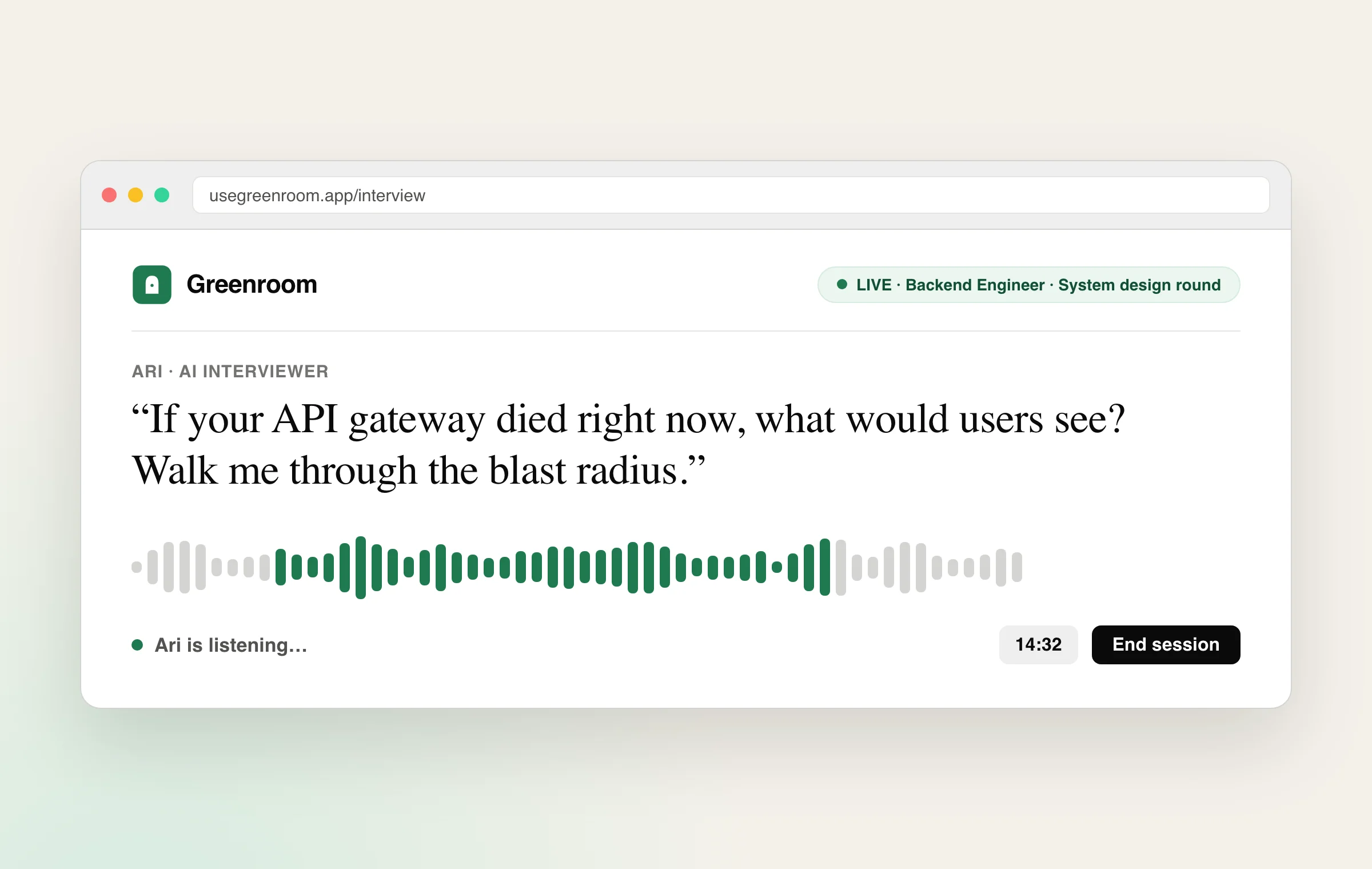 Greenroom mock interview in progress: Ari, the AI voice interviewer, asking a personalized system design question