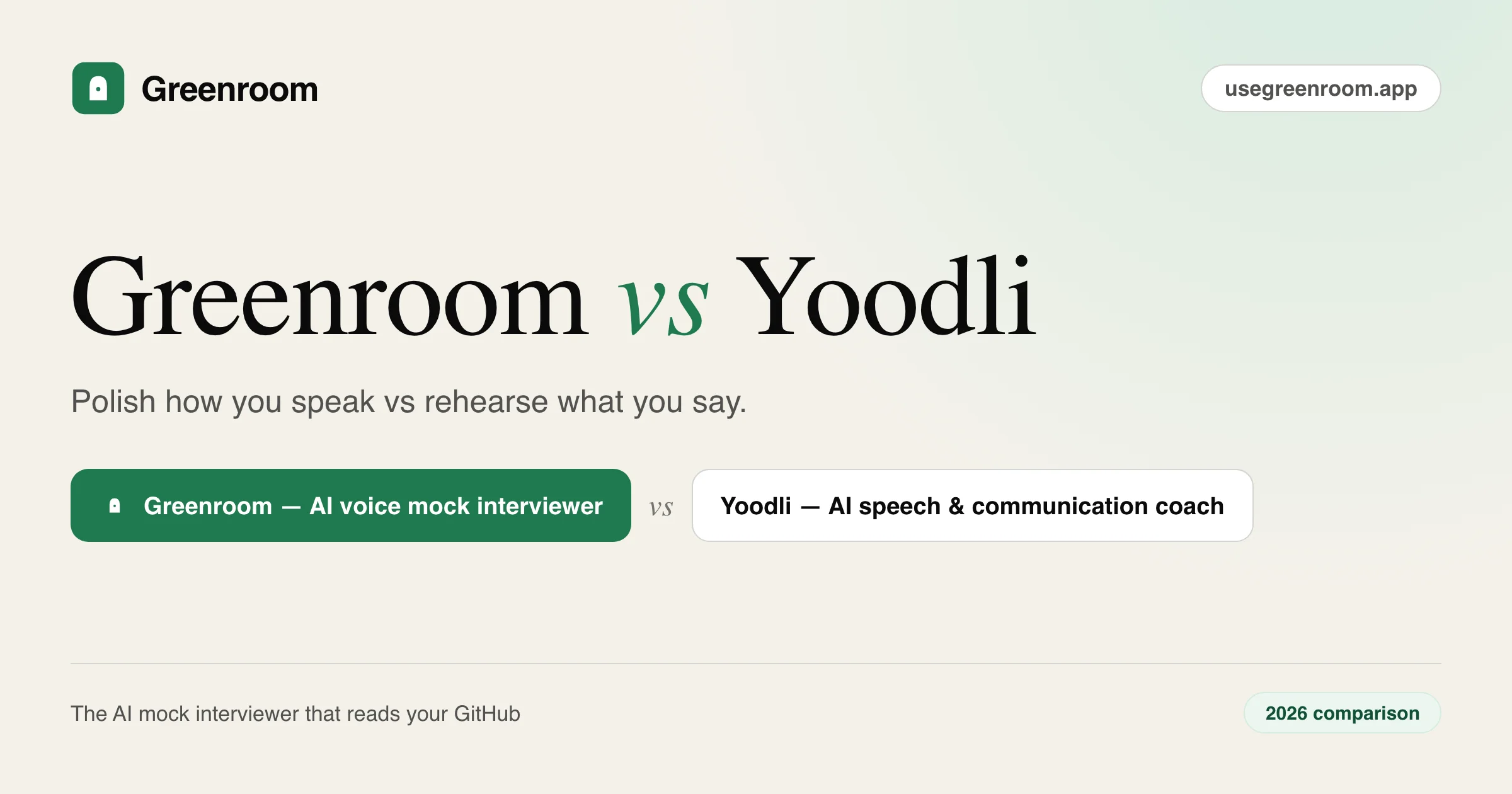 Greenroom vs Yoodli — 2026 comparison from Greenroom, the AI voice mock interviewer that reads your GitHub