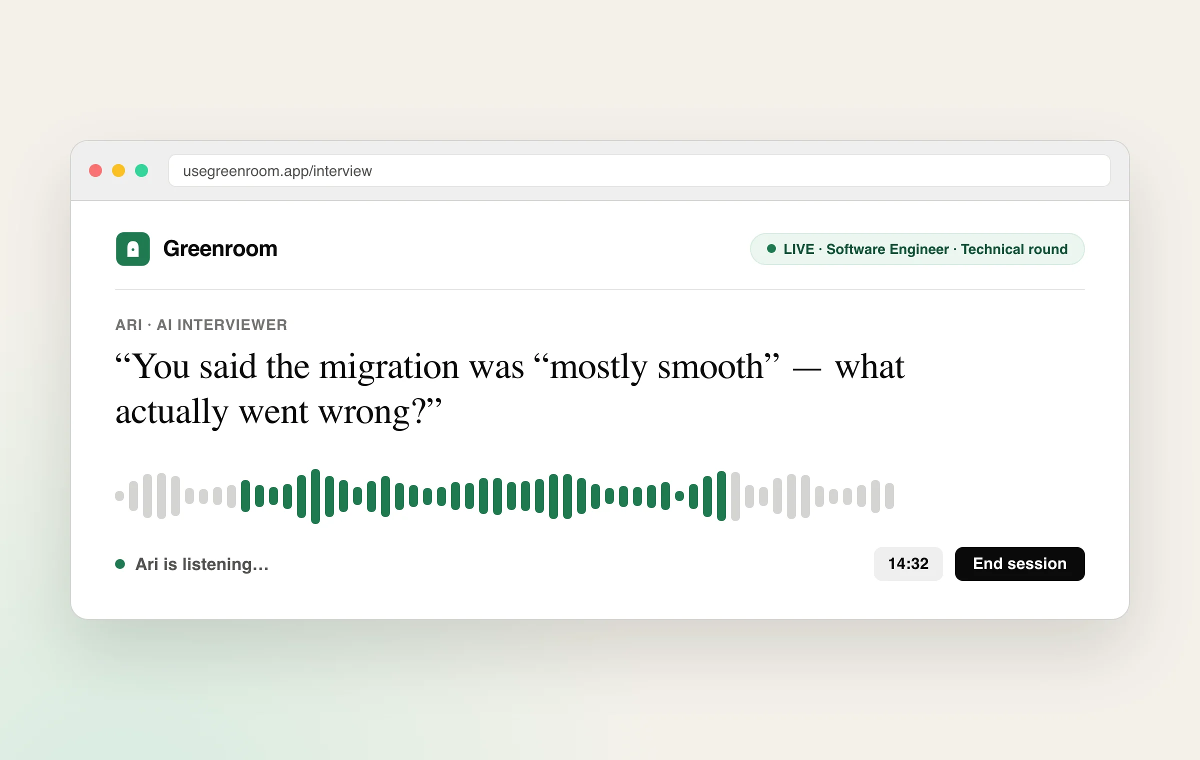 Greenroom mock interview in progress: Ari, the AI voice interviewer, asking a personalized project deep-dive question